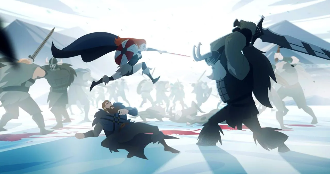 Скандинавская битва. На земле лежит один человек, его противник в шлеме с рогами замахивается на него. Девушка с щитом и мечом нападает на противника