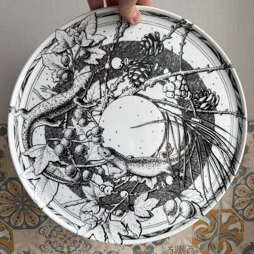 Большая тарелка, на которой изображены листочки, веточки, ягодки и ящерица