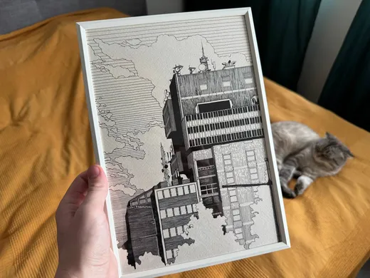 Черно-белая гравюра со зданием из Белграда в конструктивистском стиле